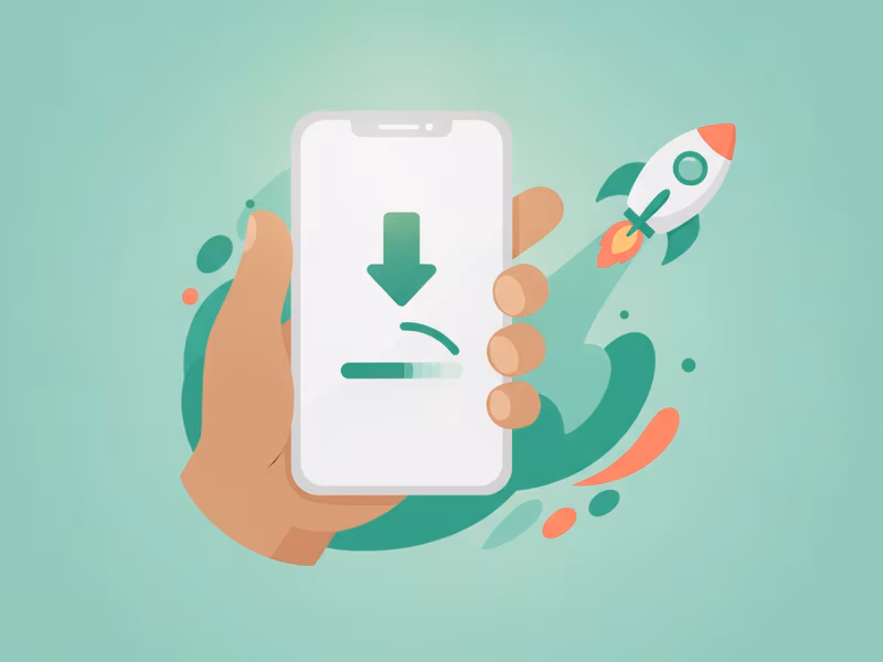 Illustration of a phone installing an app with a rocket taking off
