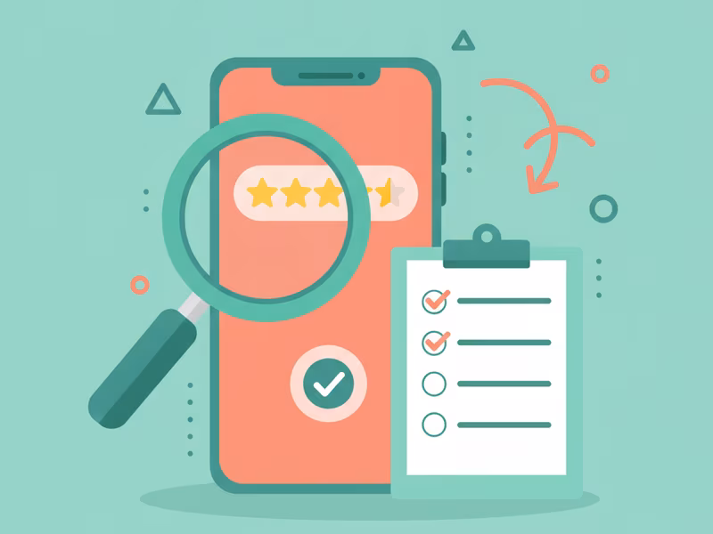 Illustration of a magnifying glass examining app ratings